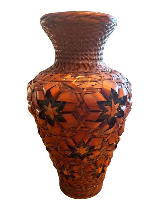 Unknown Other - Vintage Japanese Ikebana Rattan Vase With Star-Shaped Woven Pattern Ceramic Inse